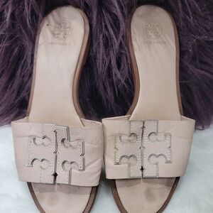 Tory Burch Ines Logo Slides Flats Slip Ons Size 8.5M Light Pink Sandals